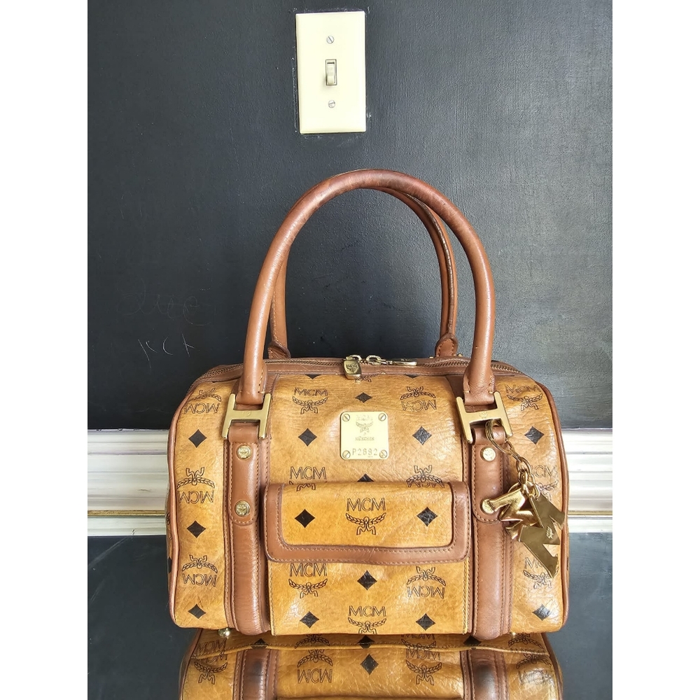 MCM Visetos Boston Bag Cognac With MCM Charm
